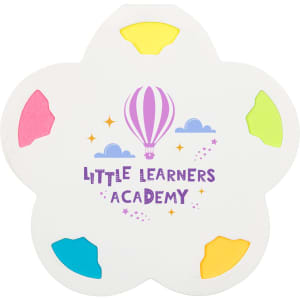 A flower-shaped sticky note set with pink, yellow, green, and blue notes, featuring a logo in the centre.