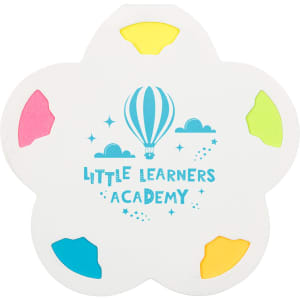 A flower-shaped sticky note holder with blue, pink, yellow, and green notes. Features a logo design.