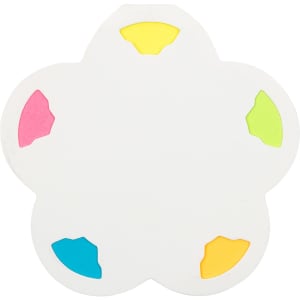 A flower-shaped sticky note pad in white with pink, yellow, green, and blue sections on the edges.