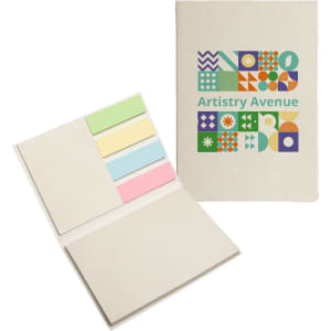 A booklet with a variety of pastel sticky notes in green, yellow, pink, and blue, featuring a colourful emblem.