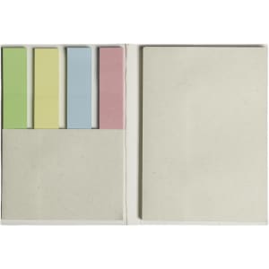 A booklet containing sticky notes in green, yellow, blue, and pink, with a blank notepad section. Features a logo.