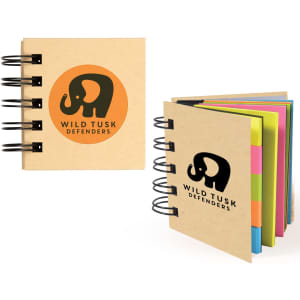 A spiral-bound sticky note pad in natural tones, featuring colourful sticky notes and a logo on the cover.