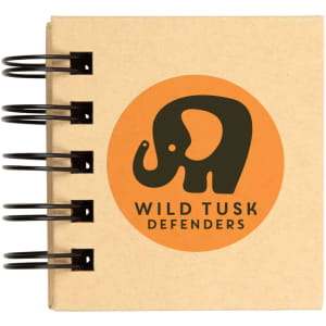 A spiral-bound sticky note pad featuring a tan cover with an elephant logo and a branding circle.