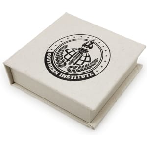 A square, cream-coloured box featuring a logo on the lid, designed for promotional use.