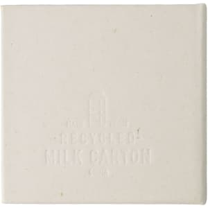 A square note block made from recycled materials, featuring a light cream colour and a subtle texture. It has a logo.