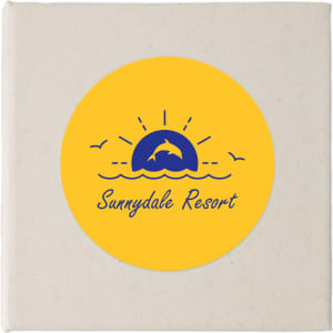 A circular logo featuring a dolphin, sun, and waves, set against a yellow background. The logo includes branding.