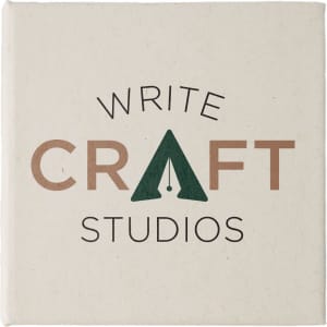 A square note block featuring a beige cover with a logo and text in dark green and brown.