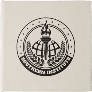 A cream-coloured square note block featuring a logo with a torch, globe, and laurel leaves.