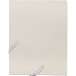 A beige, bound planner with a textured cover, featuring white ribbon ties and an embossed logo.