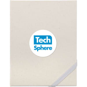 A beige planner with an elastic closure and a circular logo on the front.