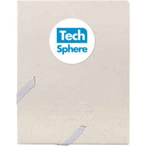 A beige planner with a white elastic band closure and a round logo on the front.
