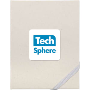 A white planner with a small blue logo on the cover and an elastic strap closure.