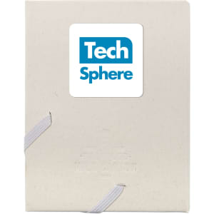 A cream-coloured planner with elastic closure, featuring a logo on the front cover.