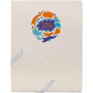 A cream-coloured notebook with a colourful logo on the cover, featuring a binding with white strings.