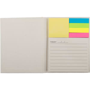 A daily planner with a beige cover, featuring lined pages and sticky notes in yellow, pink, green, and blue.
