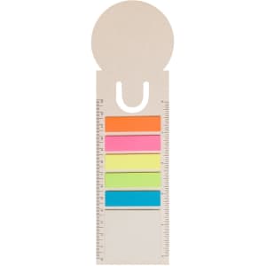 A bookmark designed in the shape of a milk carton, featuring five colorful sticky note tabs and a ruler along one side.