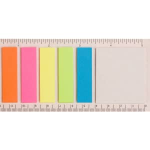 Colorful rectangular sticky notes in orange, pink, yellow, green, and blue arranged along a ruler on a light background.