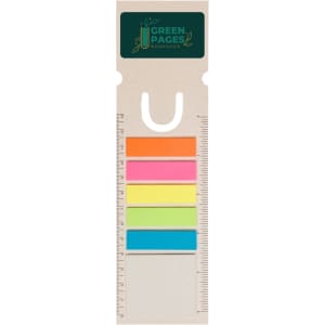 A rectangular bookmark in beige with a logo, featuring five coloured sticky note flags: orange, pink, yellow, green, and blue.