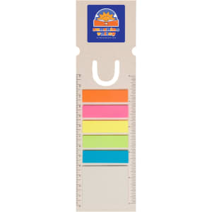 A rectangular bookmark in various bright colours with a ruler design and a branding logo at the top.