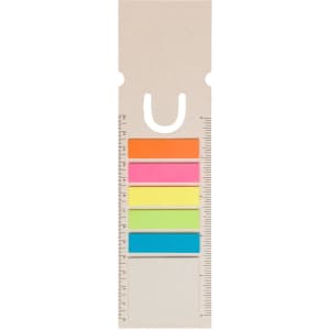 A Rectangle Milk Carton Bookmark in beige, featuring colorful sticky notes and a ruler on the side. It has a logo.