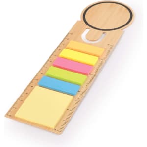 A bamboo bookmark featuring a circular top and multiple colored sticky notes in yellow, pink, and blue.