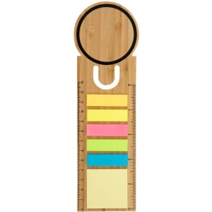 A bamboo bookmark with a circular top and various coloured sticky notes attached, including pink, green, and yellow.
