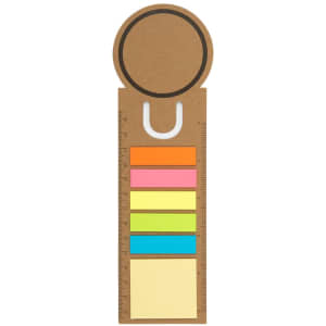 A circular bookmark and noteflag ruler in brown, featuring colorful sticky notes in pink, orange, yellow, green, and blue.