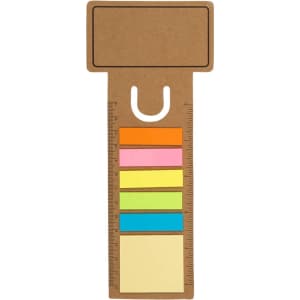 A business card bookmark with a ruler design, featuring multicoloured noteflags and a brown cardboard texture.