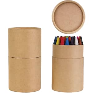 A cylindrical container with a lid holds a variety of colorful crayons in red, blue, yellow, and more.