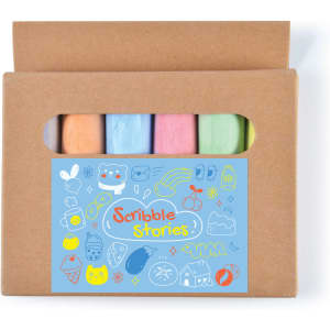 A box containing four pieces of pastel-coloured chalk in pink, blue, green, and yellow, with a logo on the front.