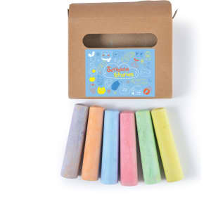 A box of Sketch Pavement Chalk containing six colorful chalk pieces: pink, blue, orange, green, yellow, and purple.