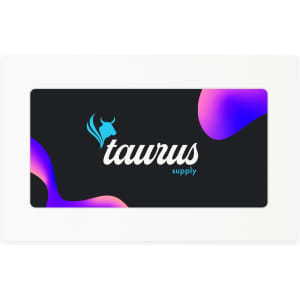 A rectangular promotional card with a colourful abstract design featuring a logo and brand name on a dark background.