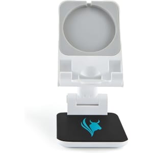 A white phone stand with a black base and a logo, designed to hold mobile devices securely.