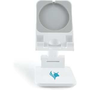 A white phone stand with a circular holder and a logo. The base is square-shaped and designed for stability.
