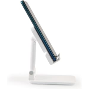 A white phone stand with an adjustable arm, holding a mobile phone in a vertical position.