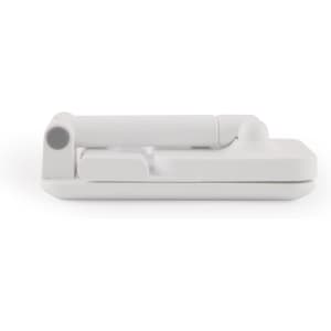 A white Vectra Phone Stand with a compact, foldable design, featuring a simple structure and a round opening.