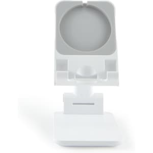 A white phone stand featuring an adjustable holder and a flat base, suitable for various smartphone sizes.