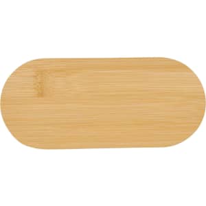 A wooden phone stand with a smooth, oval shape and a natural bamboo finish.