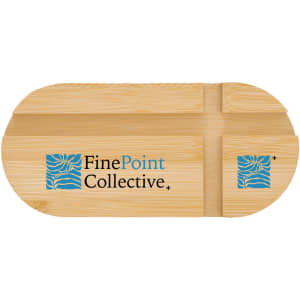 A bamboo phone stand with an oval shape and a logo feature in blue, designed for stability and style.
