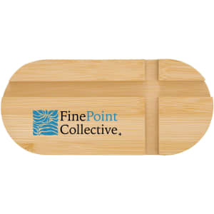 A bamboo phone stand in an oval shape with a blue logo on the surface.
