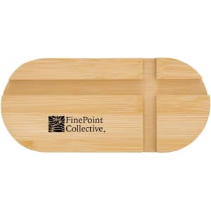 A bamboo phone stand in an oval shape with a logo featured prominently. Natural wood colour enhanced by smooth finish.