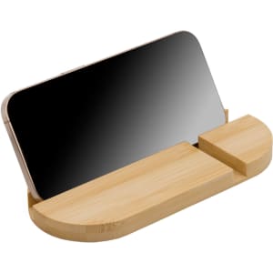 A bamboo phone stand in a natural finish with a slot for a mobile device. Features a minimalist design.