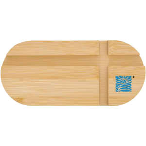 A bamboo phone stand in a light natural colour with a blue logo, featuring slots for holding a device.