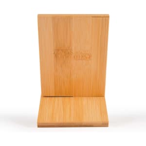 A bamboo phone stand designed for holding smartphones, featuring a sleek and minimalistic design.