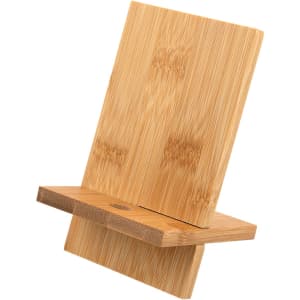 A bamboo phone stand with a natural finish, featuring a minimalist design and a textured base. It has a logo displayed.