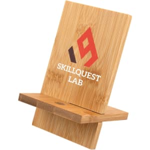 A bamboo phone stand featuring a logo, with a natural wood finish and a functional design for supporting devices.