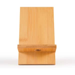 A bamboo phone stand with a simple, sleek design, featuring a slot for holding a phone securely.