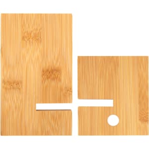 A bamboo phone stand comprising two interlocking pieces, featuring warm tones of natural bamboo. It has a circular cutout.