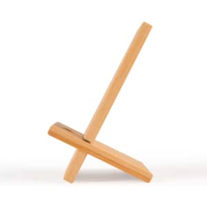 A bamboo phone stand with a sleek design, featuring natural wood tones and a simple geometric shape.