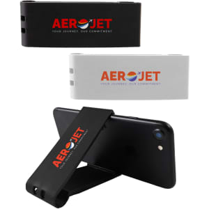 A black and a white Grip Clip Phone Stand are displayed, featuring a logo, holding a smartphone upright.